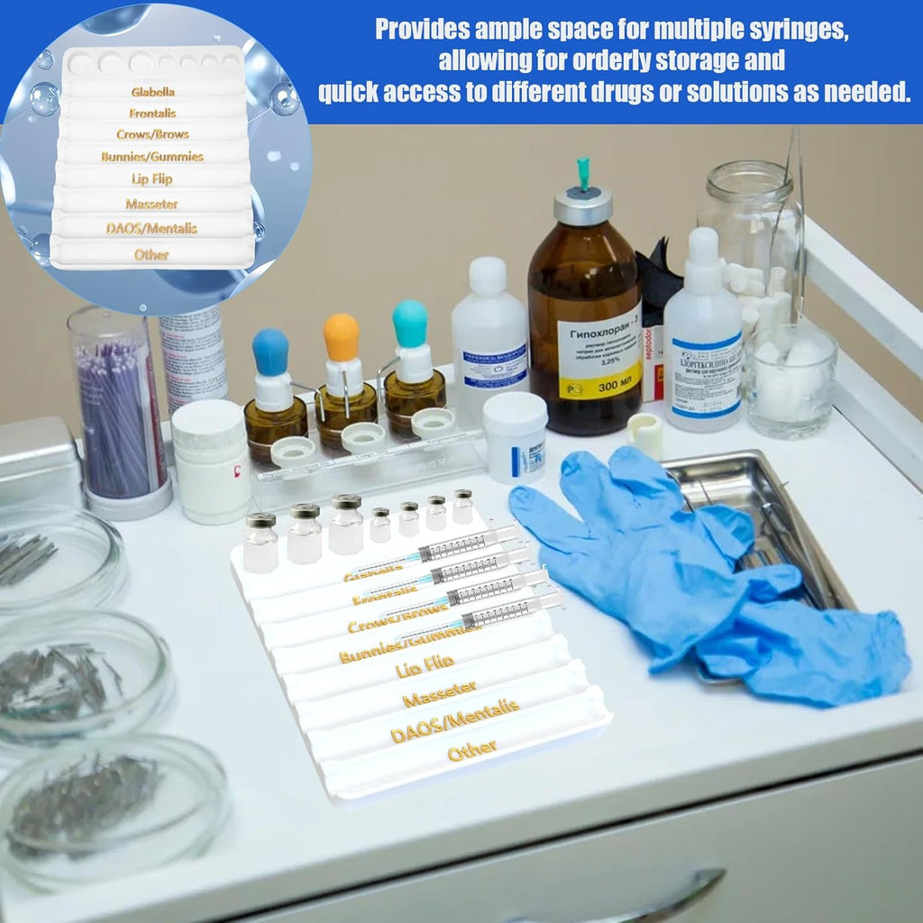 Aesthetic Practitioner Syringe Tray with 8 Slot Labels, 2-in-1 Vial Holder/Syringe Tray Combo for Aestheticians and Nurses, White Syringes Organizer for Differentiating and Storing Syringes Holders