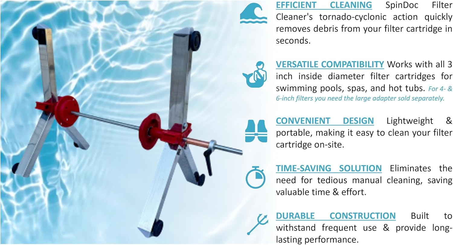 SpinDoc Filter Cleaning Stand Cleaner for 3, 4 or 6 Inch Swimming Pool Cartridges, Tornado Cyclonic Spinner Action Maintenance Pump Equipment Above in ground Solar Cover Salt Systems or Chlorine