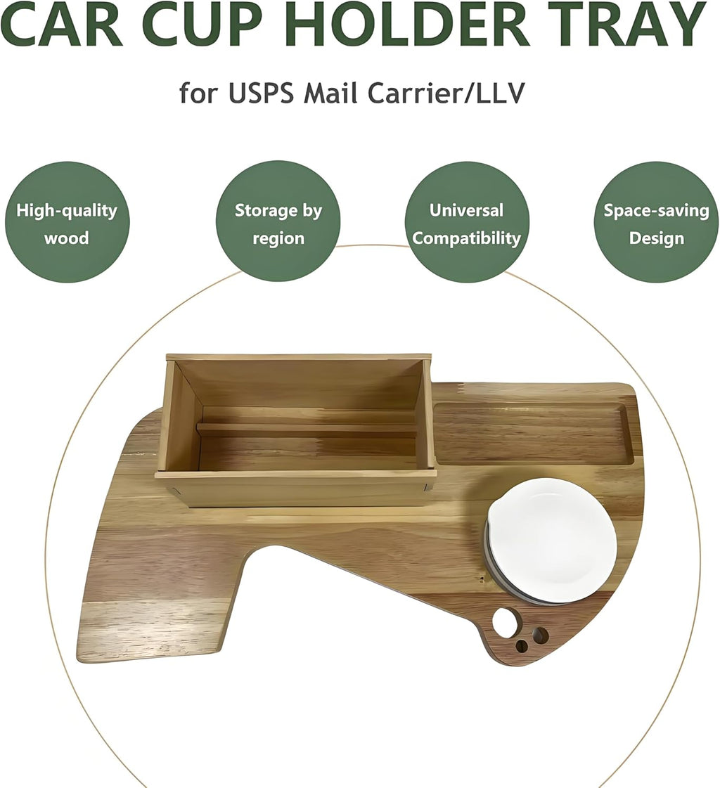 Car Cup Holder Tray for USPS/LLV Mail Carriers, Wooden Organizer with Scanner Slot, Pen Holder, Drink Holder, Postal Vehicle Accessory